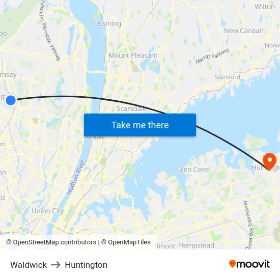 Waldwick to Huntington map