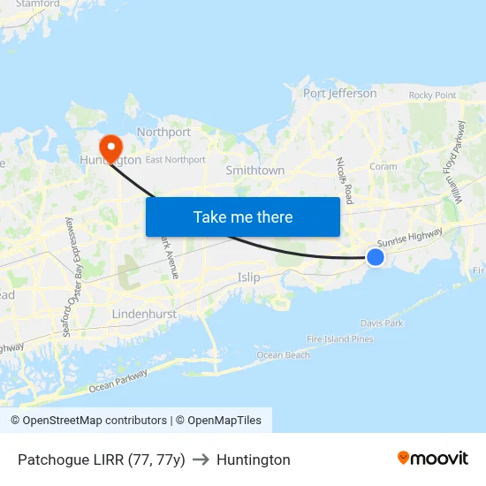 Patchogue LIRR (77, 77y) to Huntington map