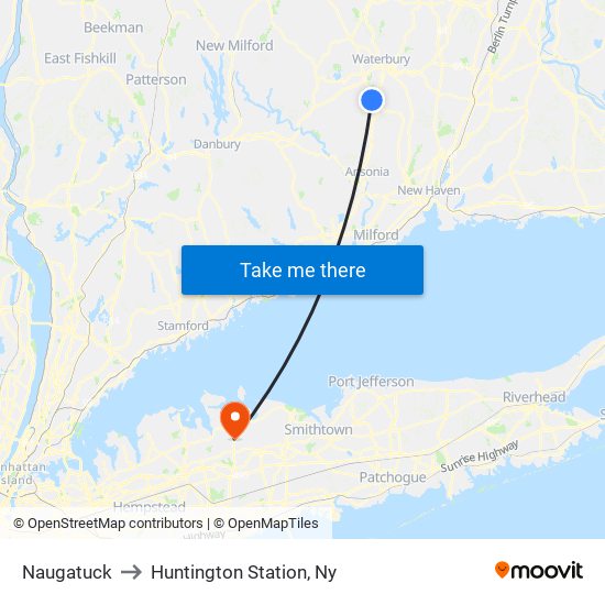 Naugatuck to Huntington Station, Ny map