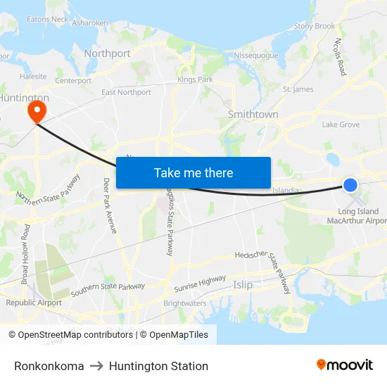Ronkonkoma to Huntington Station map