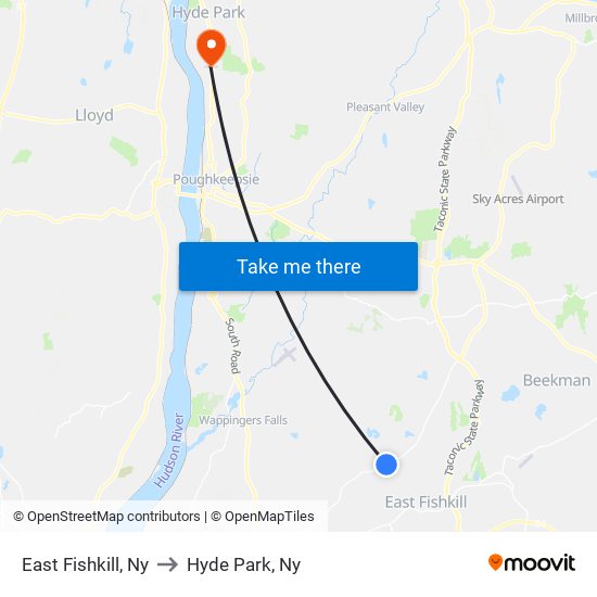 East Fishkill, Ny to Hyde Park, Ny map