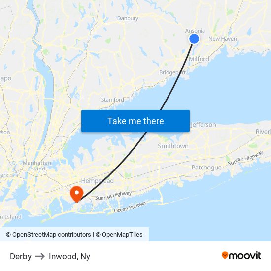 Derby to Inwood, Ny map