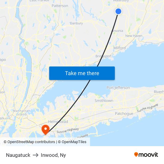 Naugatuck to Inwood, Ny map