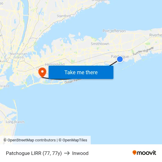 Patchogue LIRR (77, 77y) to Inwood map