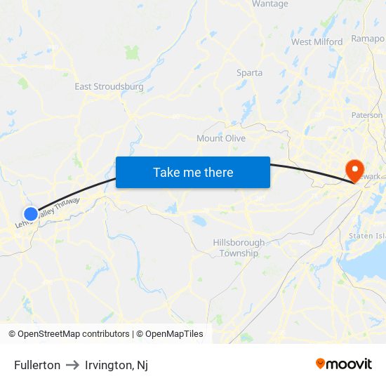 Fullerton to Irvington, Nj map