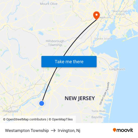 Westampton Township to Irvington, Nj map