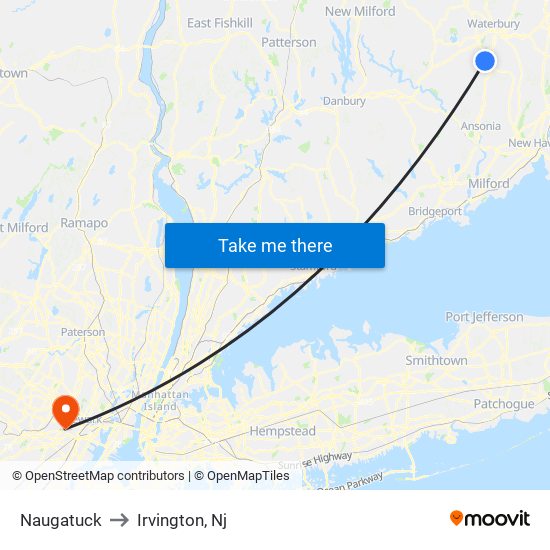 Naugatuck to Irvington, Nj map