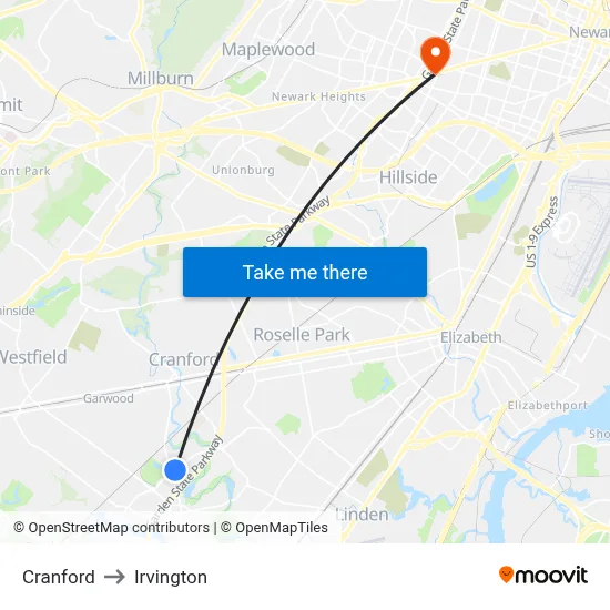 Cranford to Irvington map