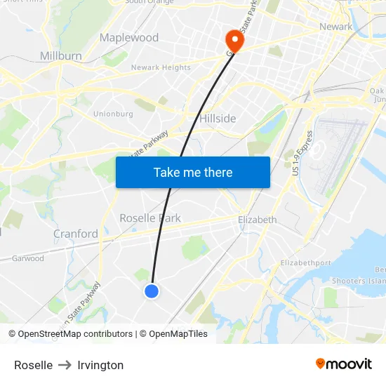Roselle to Irvington map
