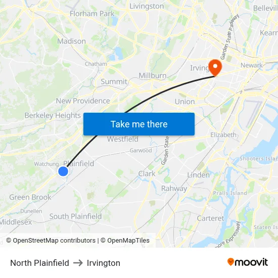 North Plainfield to Irvington map