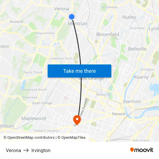 Verona to Irvington map