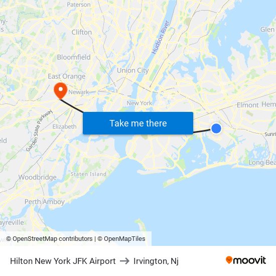 Hilton New York JFK Airport to Irvington, Nj map