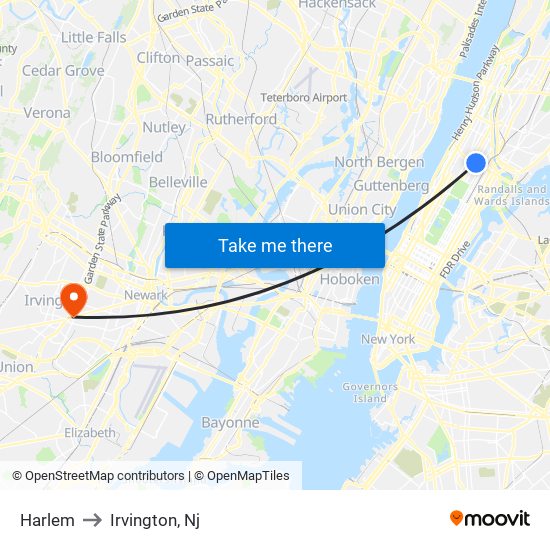 Harlem to Irvington, Nj map