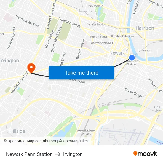 Newark Penn Station to Irvington map