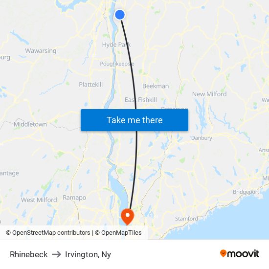 Rhinebeck to Irvington, Ny map