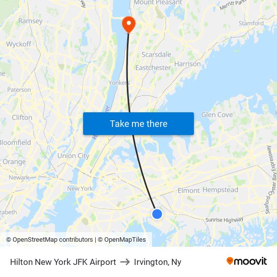 Hilton New York JFK Airport to Irvington, Ny map
