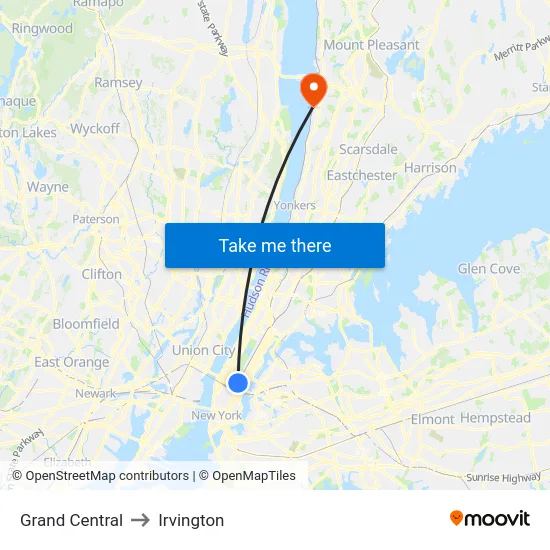 Grand Central to Irvington map