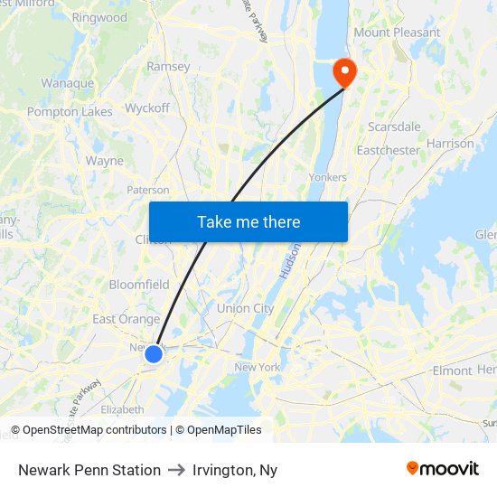 Newark Penn Station to Irvington, Ny map