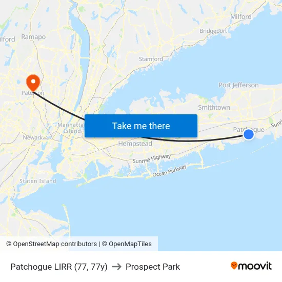 Patchogue LIRR (77, 77y) to Prospect Park map