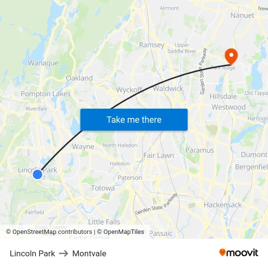 Lincoln Park to Montvale map