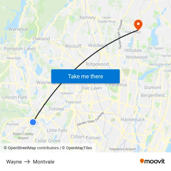 Wayne to Montvale map