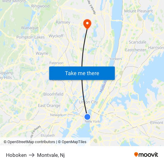 Hoboken to Montvale, Nj map