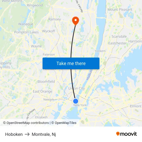 Hoboken to Montvale, Nj map