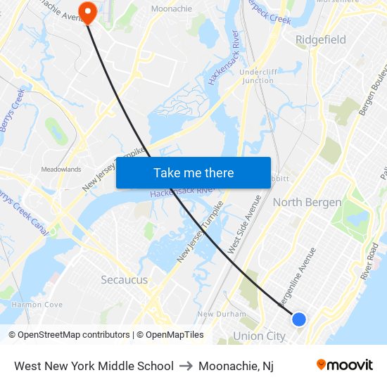 West New York Middle School to Moonachie, Nj map