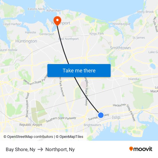 Bay Shore, Ny to Northport, Ny map