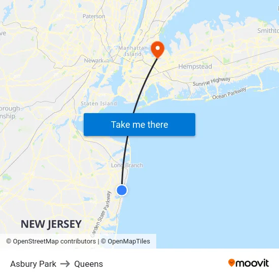 Asbury Park to Queens map