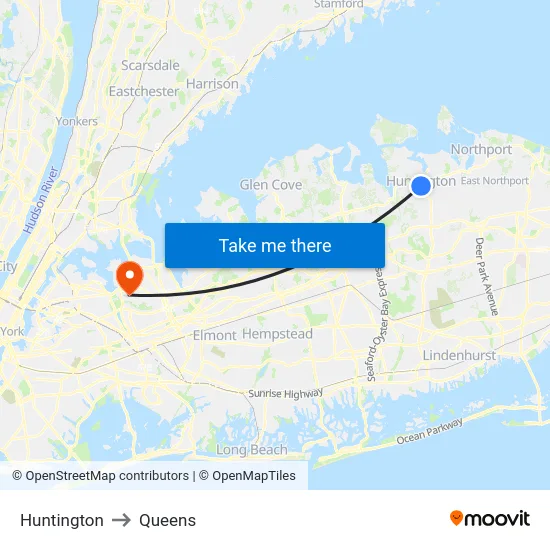 Huntington to Queens map