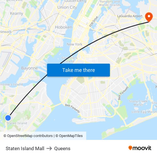 Staten Island Mall to Queens map