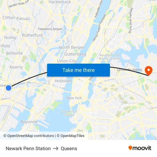 Newark Penn Station to Queens map