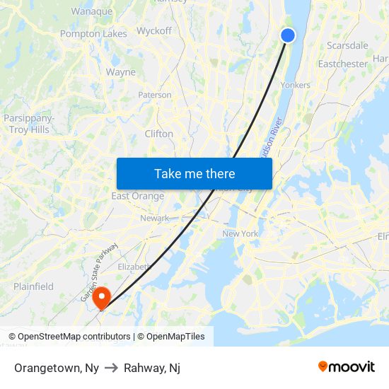 Orangetown, Ny to Rahway, Nj map