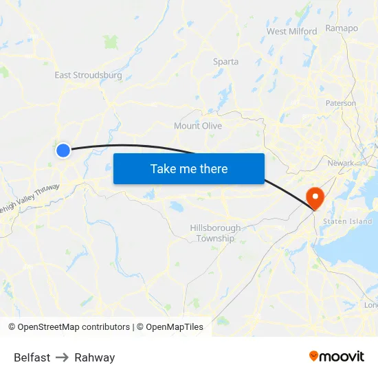 Belfast to Rahway map