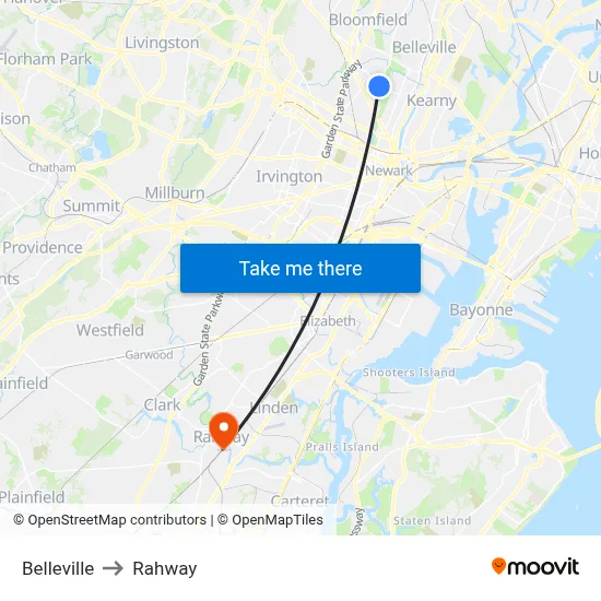 Belleville to Rahway map