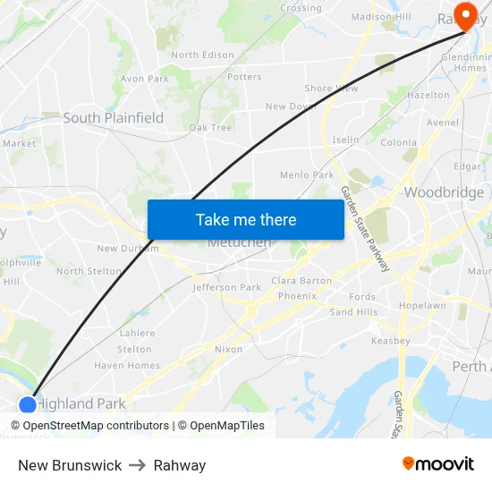 New Brunswick to Rahway map