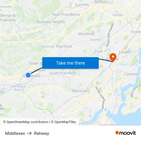 Middlesex to Rahway map