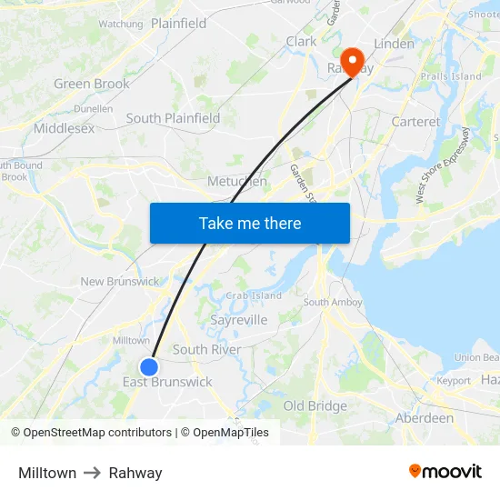 Milltown to Rahway map