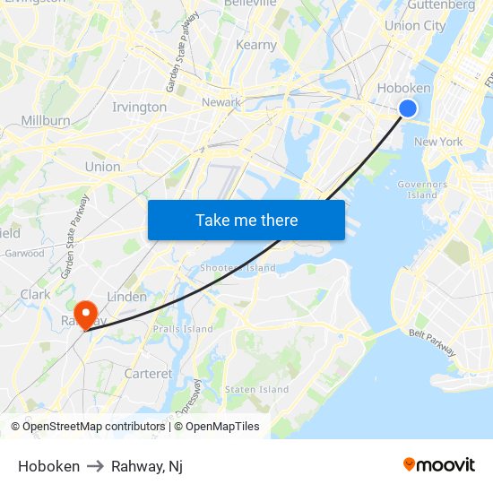 Hoboken to Rahway, Nj map