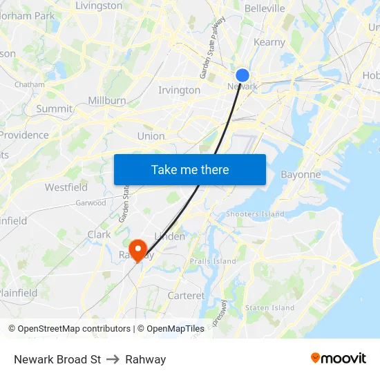 Newark Broad St to Rahway map