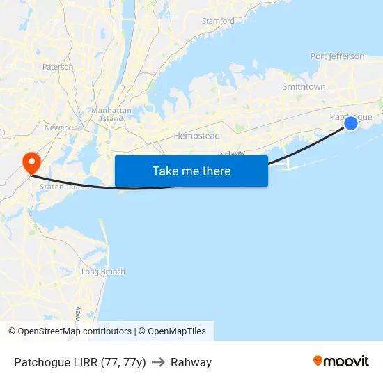 Patchogue LIRR (77, 77y) to Rahway map