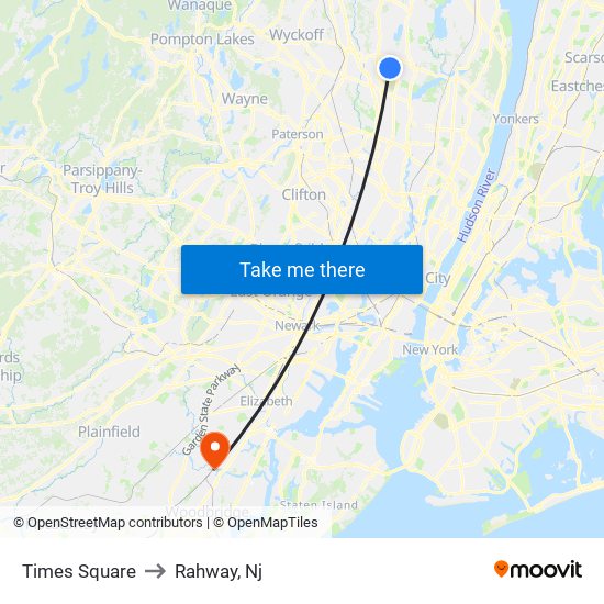 Times Square to Rahway, Nj map