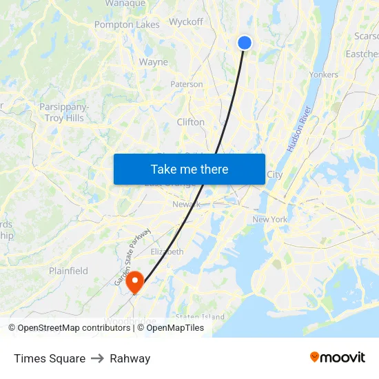 Times Square to Rahway map