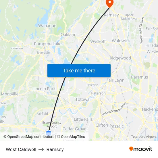 West Caldwell to Ramsey map