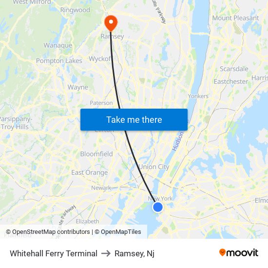 Whitehall Ferry Terminal to Ramsey, Nj map