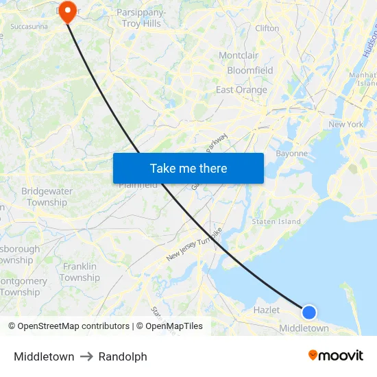 Middletown to Randolph map