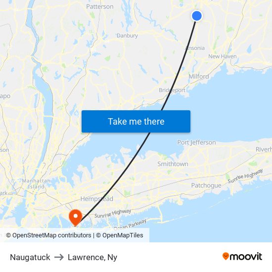 Naugatuck to Lawrence, Ny map