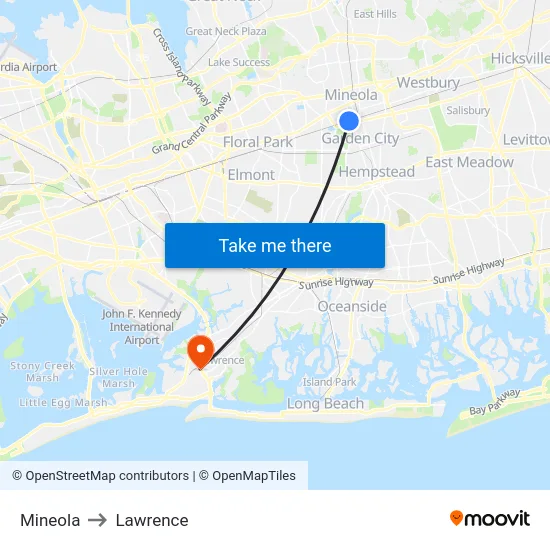 Mineola to Lawrence map