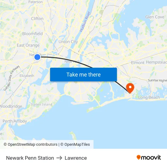 Newark Penn Station to Lawrence map